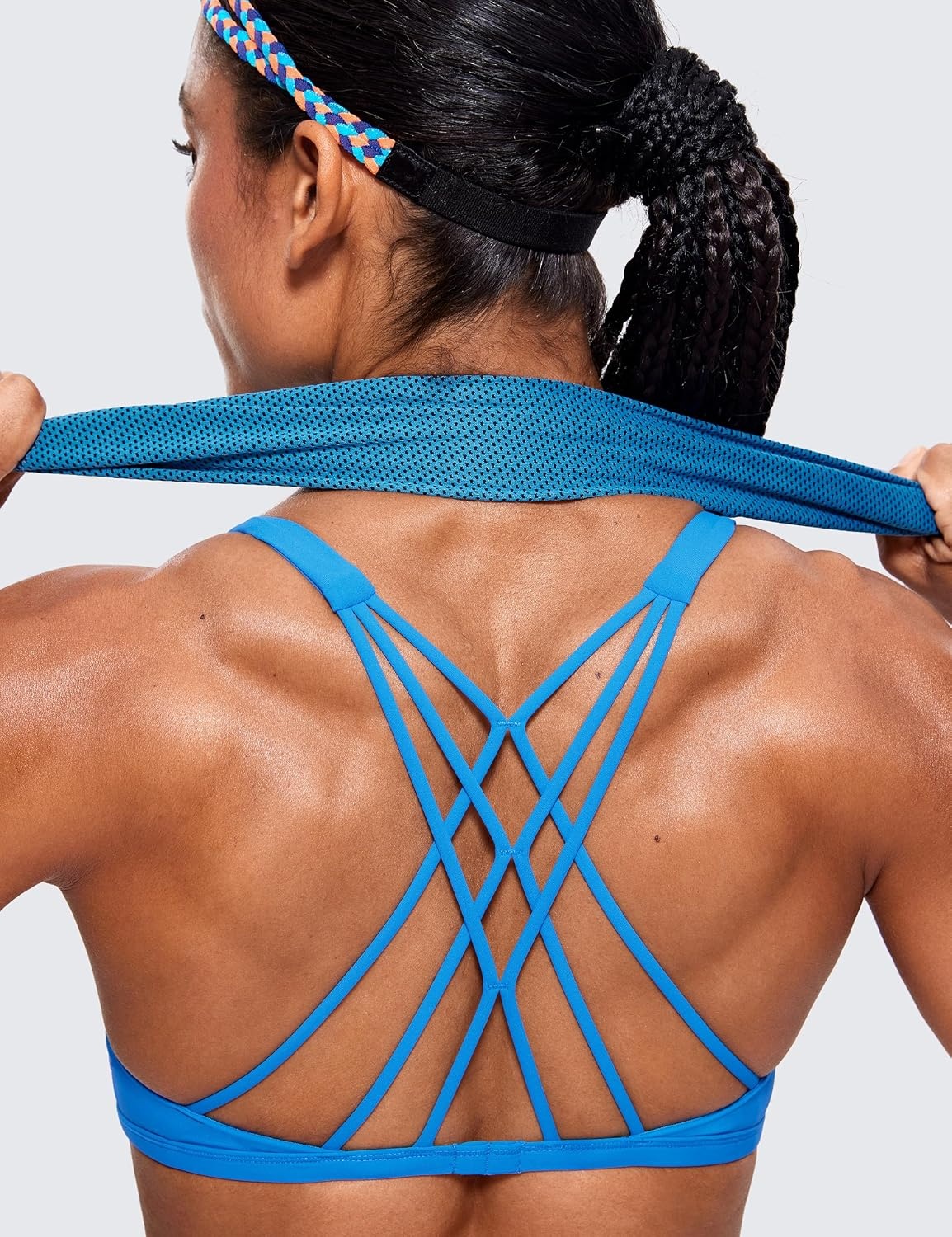 image:imageCRZ YOGA Womens Naked Feeling Criss Cross Sports Bra Strappy Back Padded Medium Support Wireless Gym Cami Workout YogaMadagascar Blue