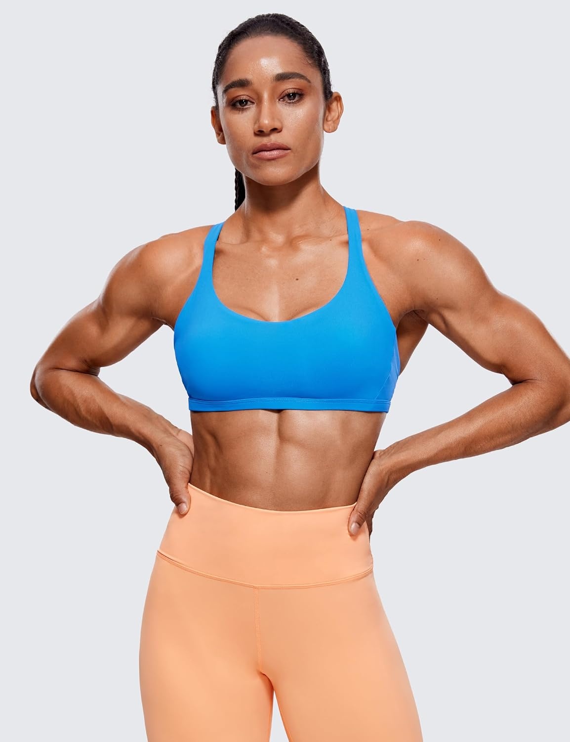 image:imageCRZ YOGA Womens Naked Feeling Criss Cross Sports Bra Strappy Back Padded Medium Support Wireless Gym Cami Workout YogaMadagascar Blue