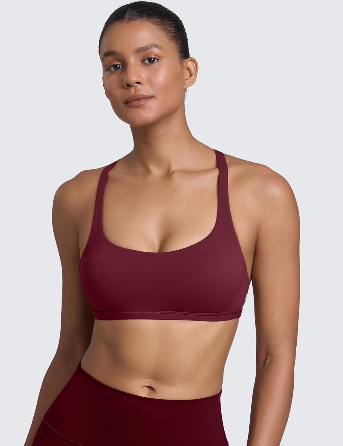 image:imageCRZ YOGA Womens Naked Feeling Criss Cross Sports Bra Strappy Back Padded Medium Support Wireless Gym Cami Workout YogaRed Merlot