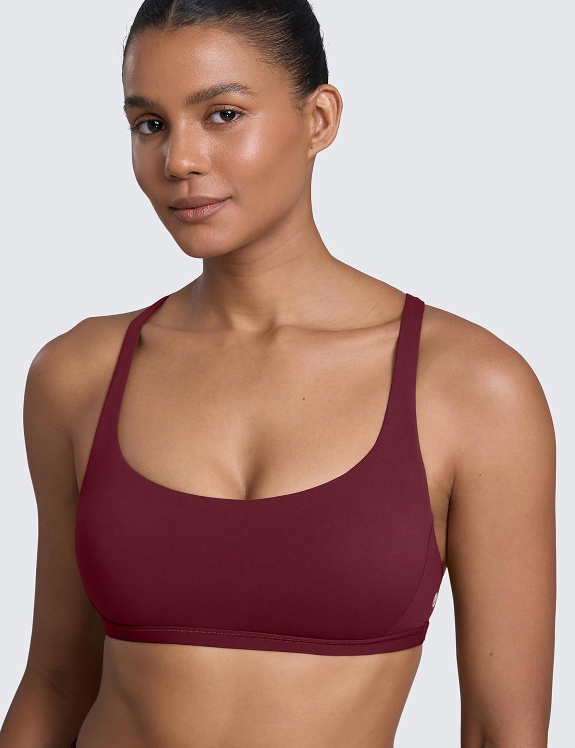 image:imageCRZ YOGA Womens Naked Feeling Criss Cross Sports Bra Strappy Back Padded Medium Support Wireless Gym Cami Workout YogaRed Merlot