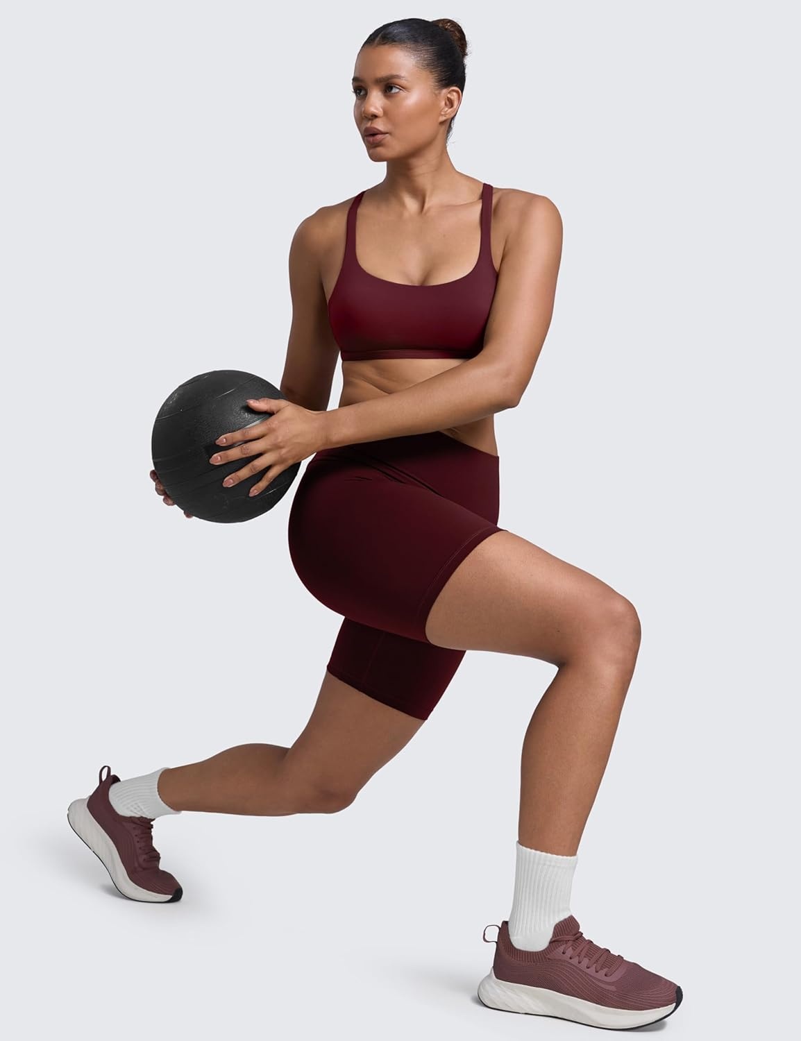 image:imageCRZ YOGA Womens Naked Feeling Criss Cross Sports Bra Strappy Back Padded Medium Support Wireless Gym Cami Workout YogaRed Merlot