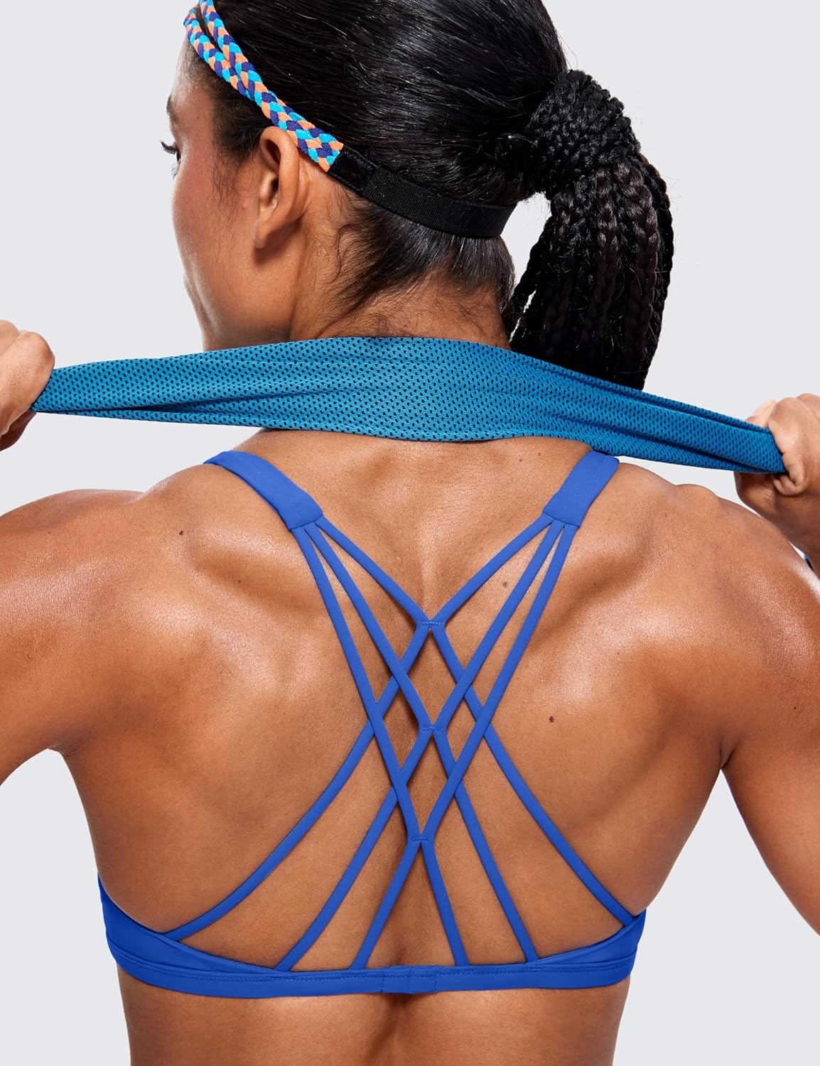 image:imageCRZ YOGA Womens Naked Feeling Criss Cross Sports Bra Strappy Back Padded Medium Support Wireless Gym Cami Workout YogaWaves Blue