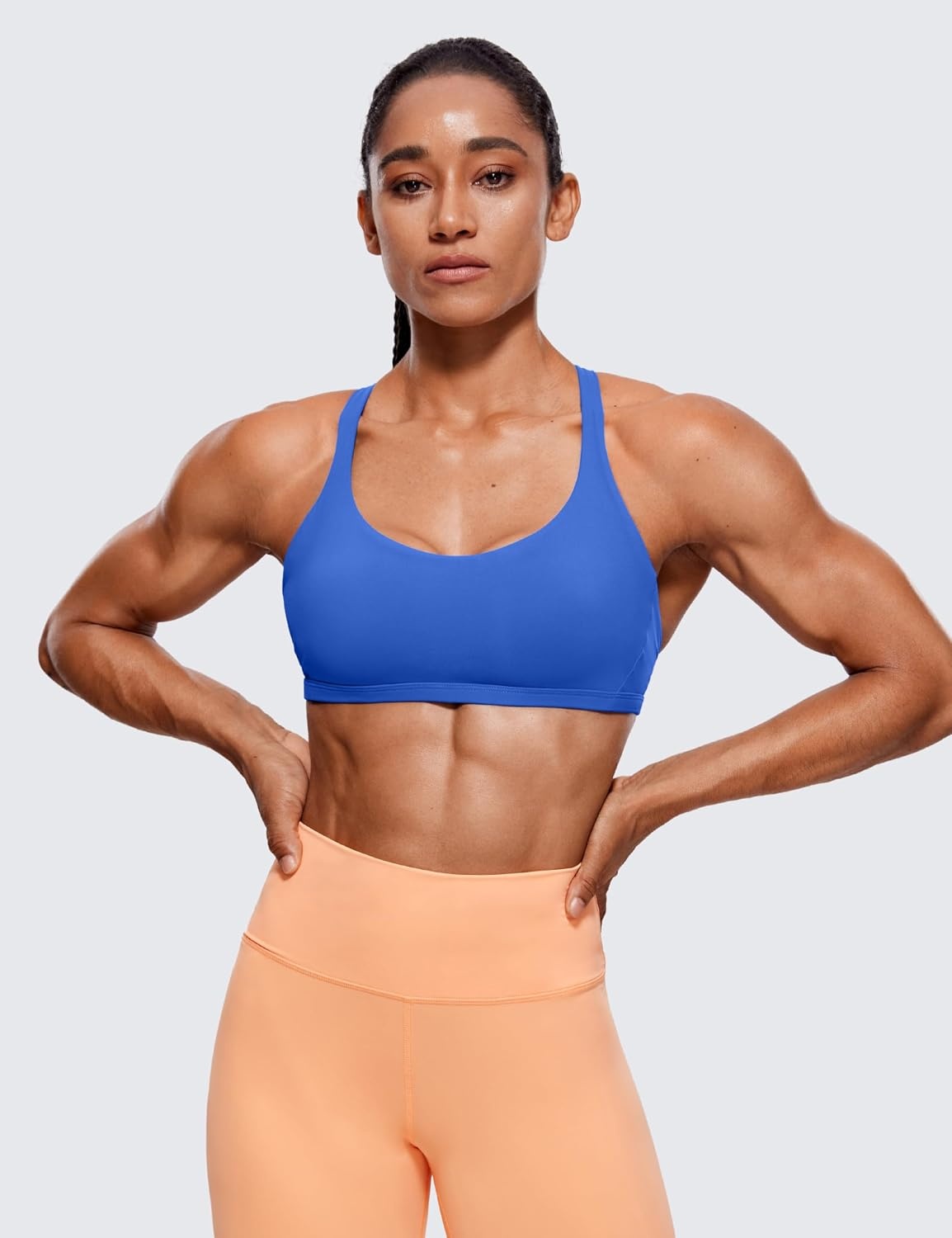 image:imageCRZ YOGA Womens Naked Feeling Criss Cross Sports Bra Strappy Back Padded Medium Support Wireless Gym Cami Workout YogaWaves Blue