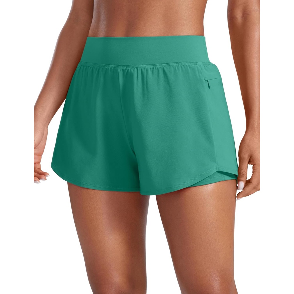 image:imageCRZ YOGA 2 in 1 Double Layer Running Shorts for Women 3 High Waisted for Athletic Tennis Workout with Zip PocketsCascadia Green