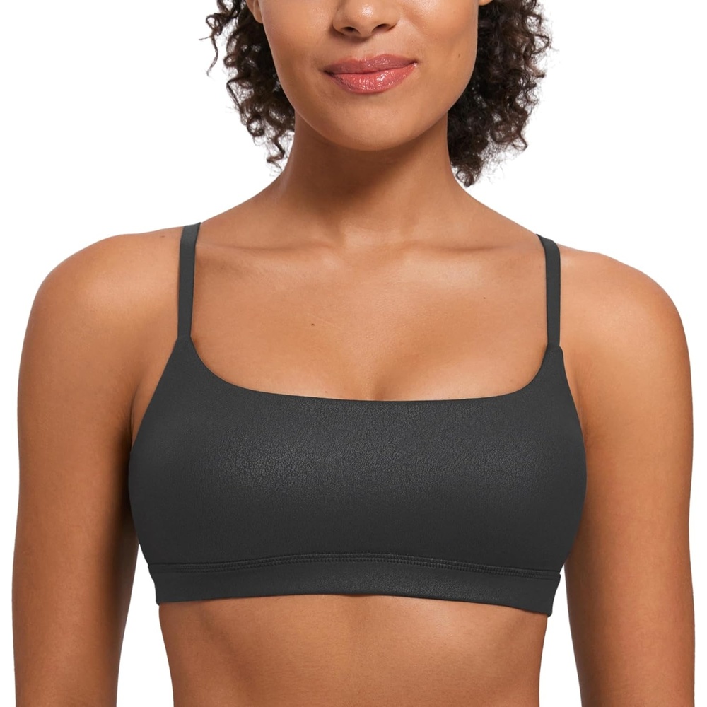 image:imageCRZ YOGA Butterluxe Adjustable Spaghetti Strap Sports Bras for Women Scoop Neck Wireless Padded Yoga Workout Crop TopBlack Foil Pattern