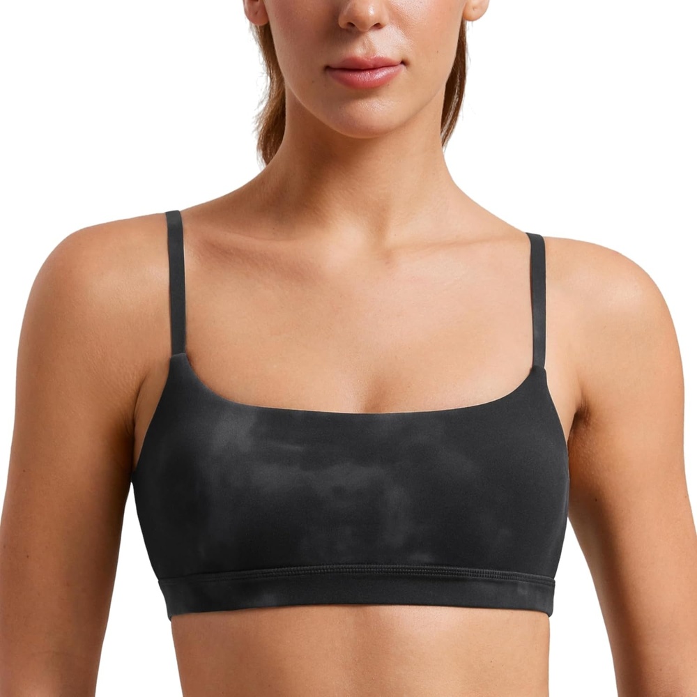 image:imageCRZ YOGA Butterluxe Adjustable Spaghetti Strap Sports Bras for Women  Scoop Neck Wireless Padded Yoga Workout Crop TopBlack Tie Dye Flowers