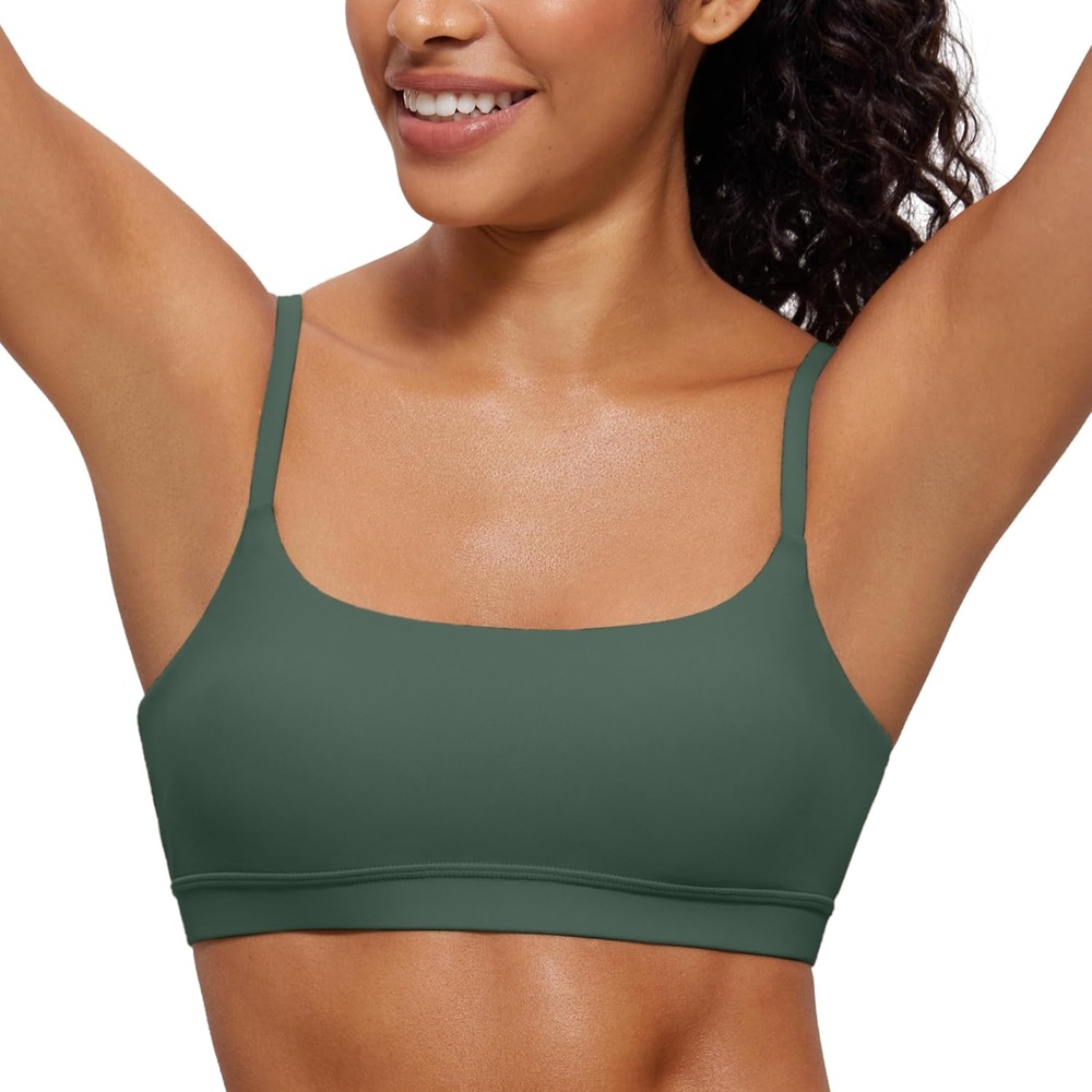 image:imageCRZ YOGA Butterluxe Adjustable Spaghetti Strap Sports Bras for Women Scoop Neck Wireless Padded Yoga Workout Crop TopDark Forest Green