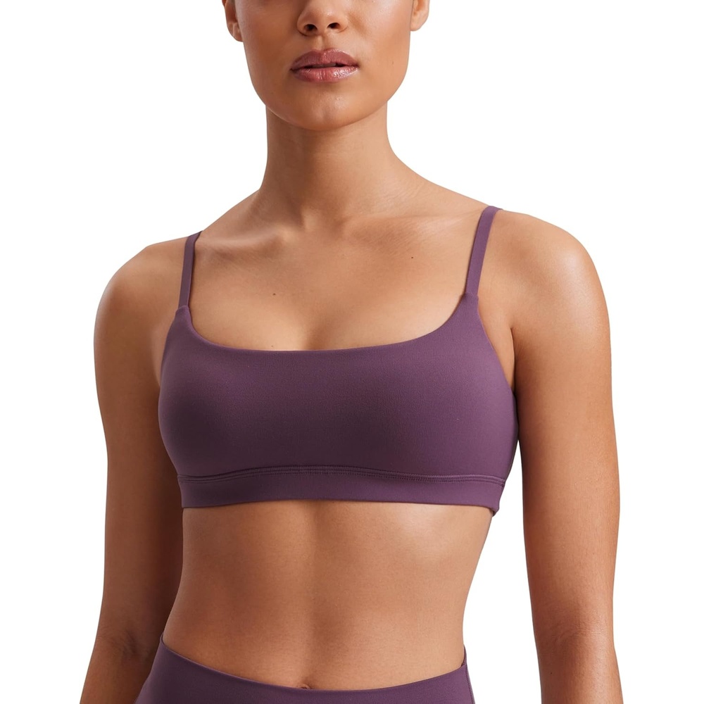 image:imageCRZ YOGA Butterluxe Adjustable Spaghetti Strap Sports Bras for Women Scoop Neck Wireless Padded Yoga Workout Crop TopGrape Thistle Purple