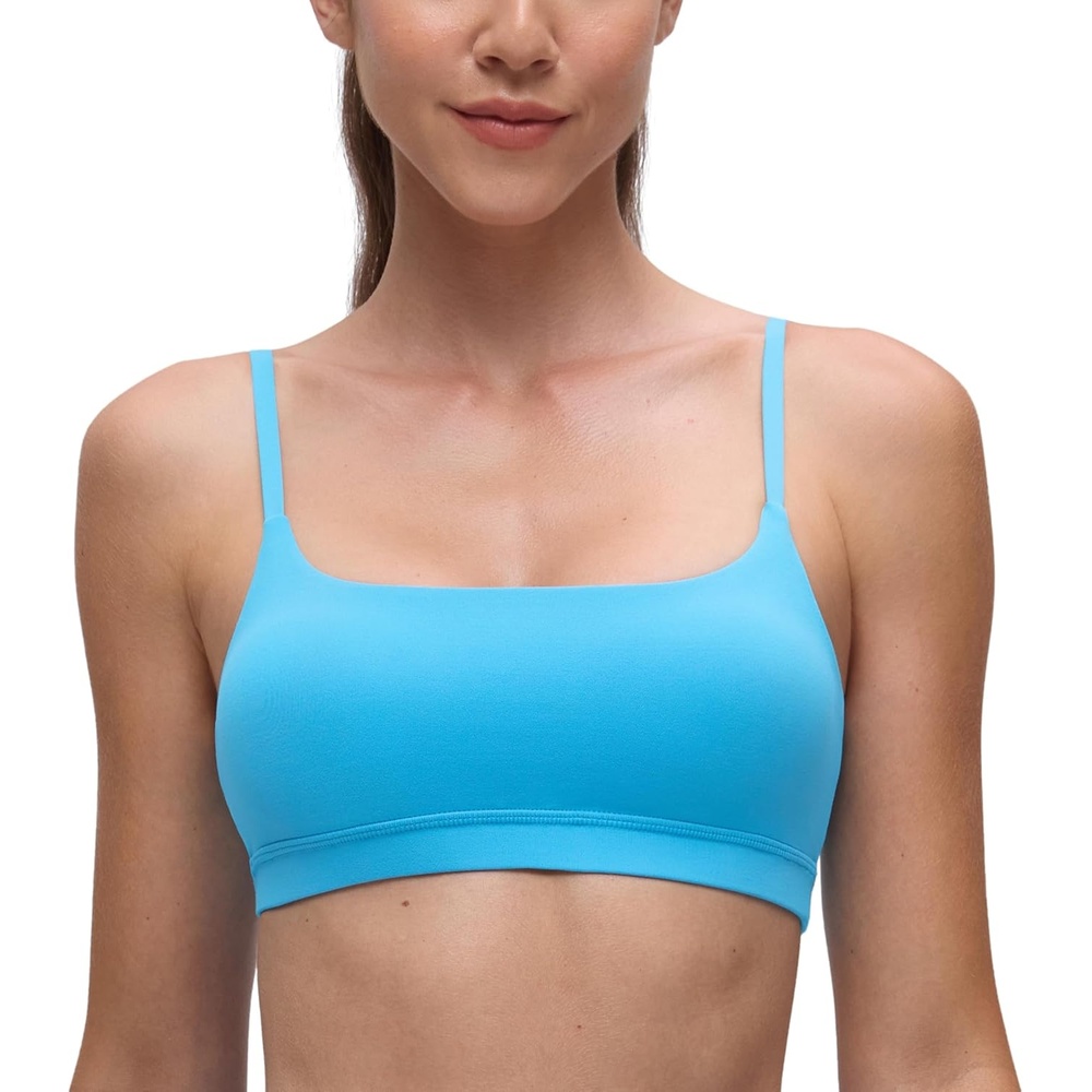 image:imageCRZ YOGA Butterluxe Adjustable Spaghetti Strap Sports Bras for Women  Scoop Neck Wireless Padded Yoga Workout Crop TopKayak Blue