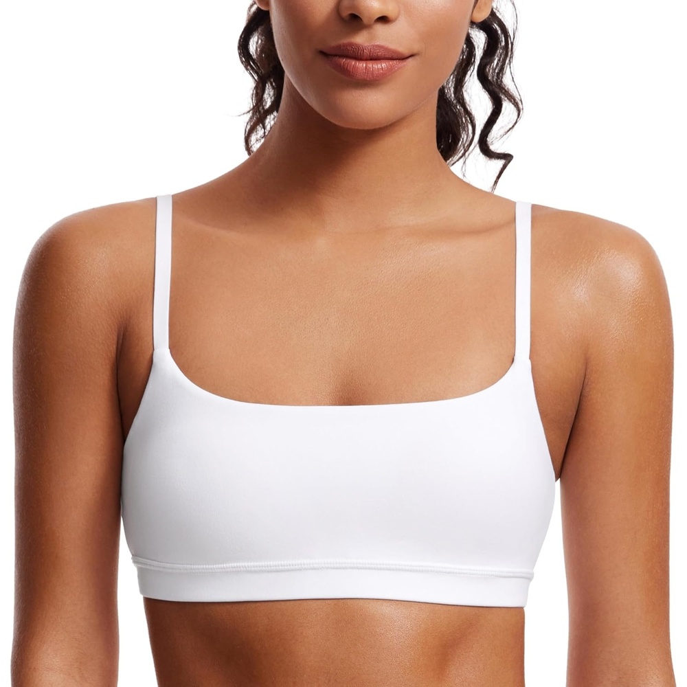 image:imageCRZ YOGA Butterluxe Adjustable Spaghetti Strap Sports Bras for Women Scoop Neck Wireless Padded Yoga Workout Crop TopWhite