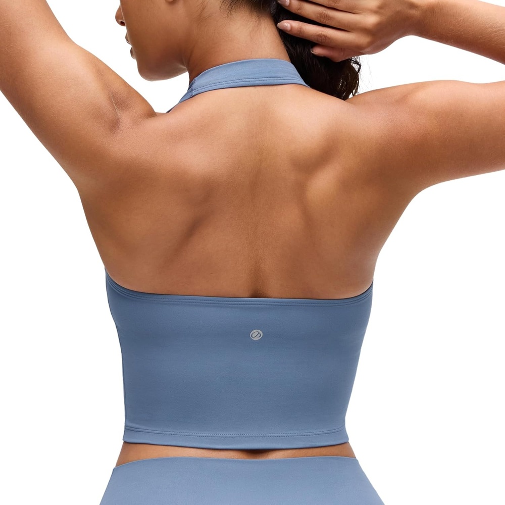 image:imageCRZ YOGA Butterluxe Halter Crop Tank Tops for Women Open Back Padded Longline Sports Bras Workout GymWashed Denim