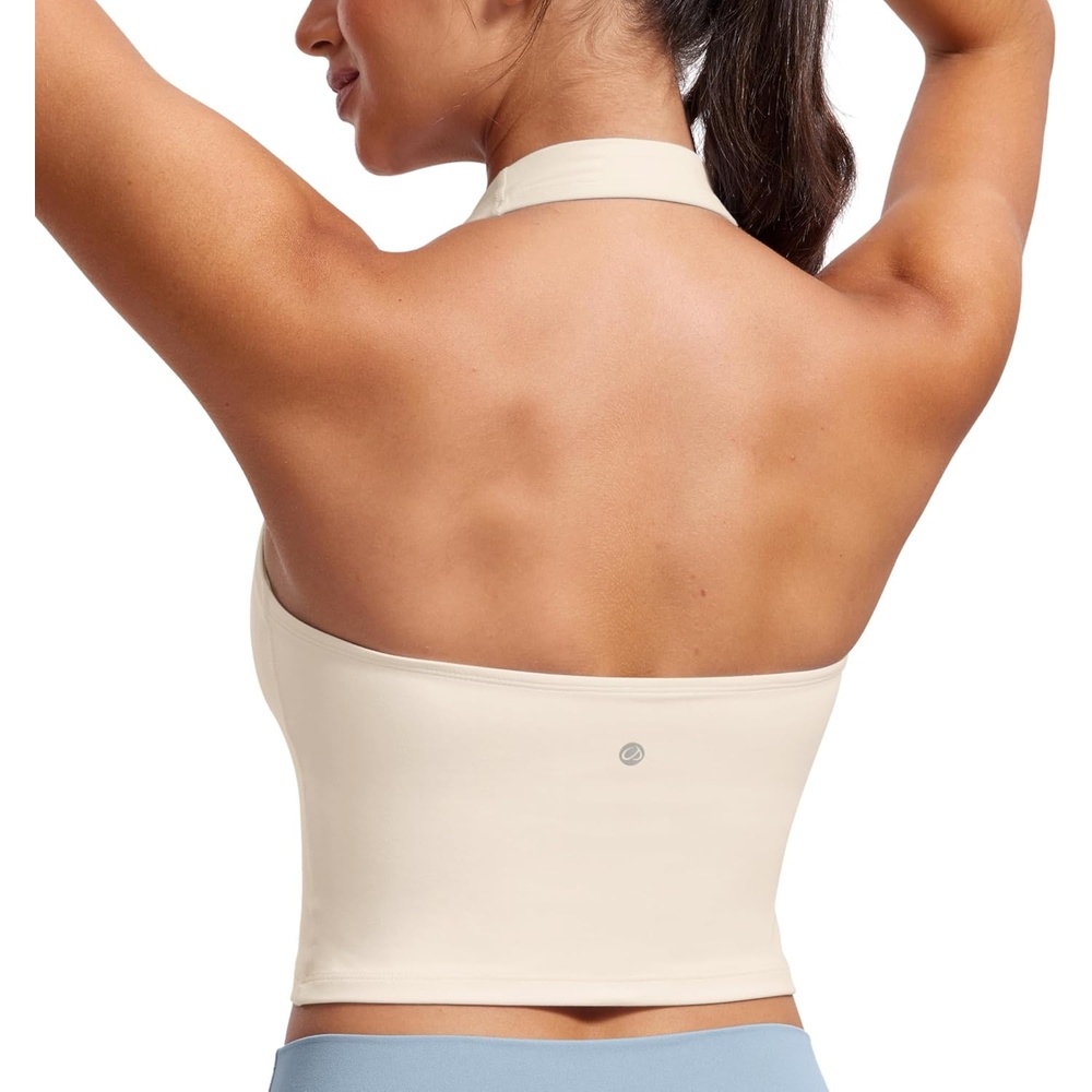 image:imageCRZ YOGA Butterluxe Halter Crop Tank Tops for Women Open Back Padded Longline Sports Bras Workout GymWhite Apricot