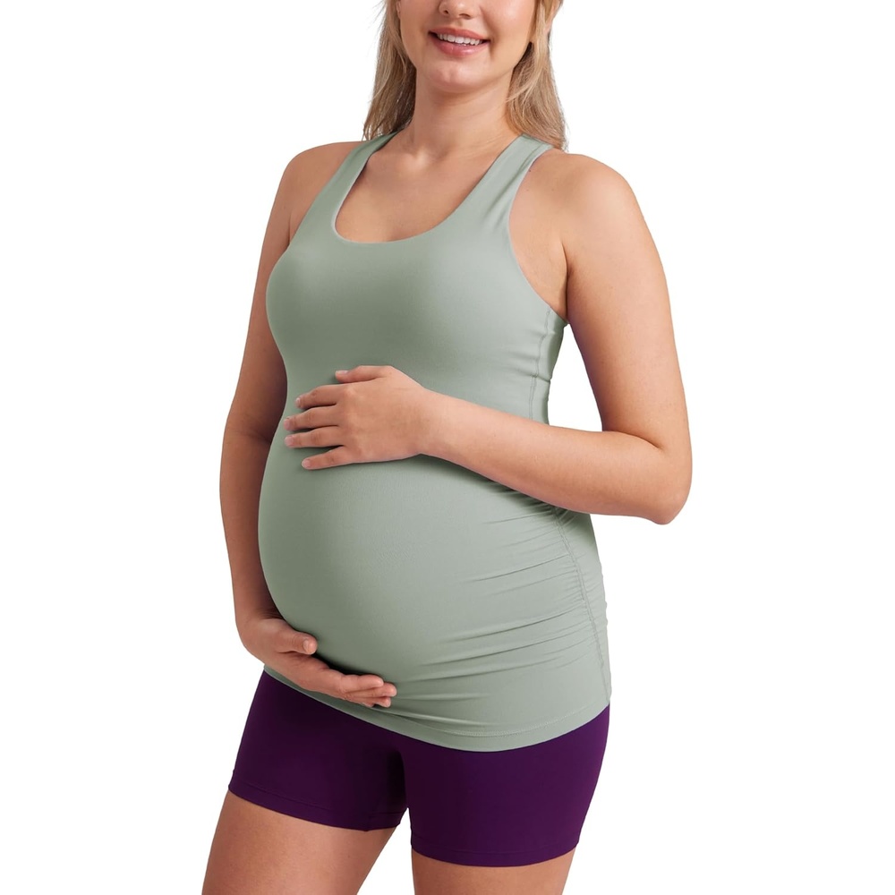 image:imageCRZ YOGA Butterluxe Maternity Racerback Tank Tops  Ruched Sleeveless Womens Pregnancy Yoga Workout Shirt with Built in BraGreen Palm Court