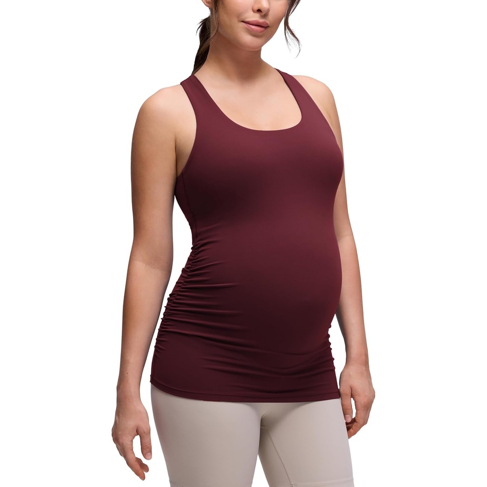 image:imageCRZ YOGA Butterluxe Maternity Racerback Tank Tops Ruched Sleeveless Womens Pregnancy Yoga Workout Shirt with Built in BraRed Merlot