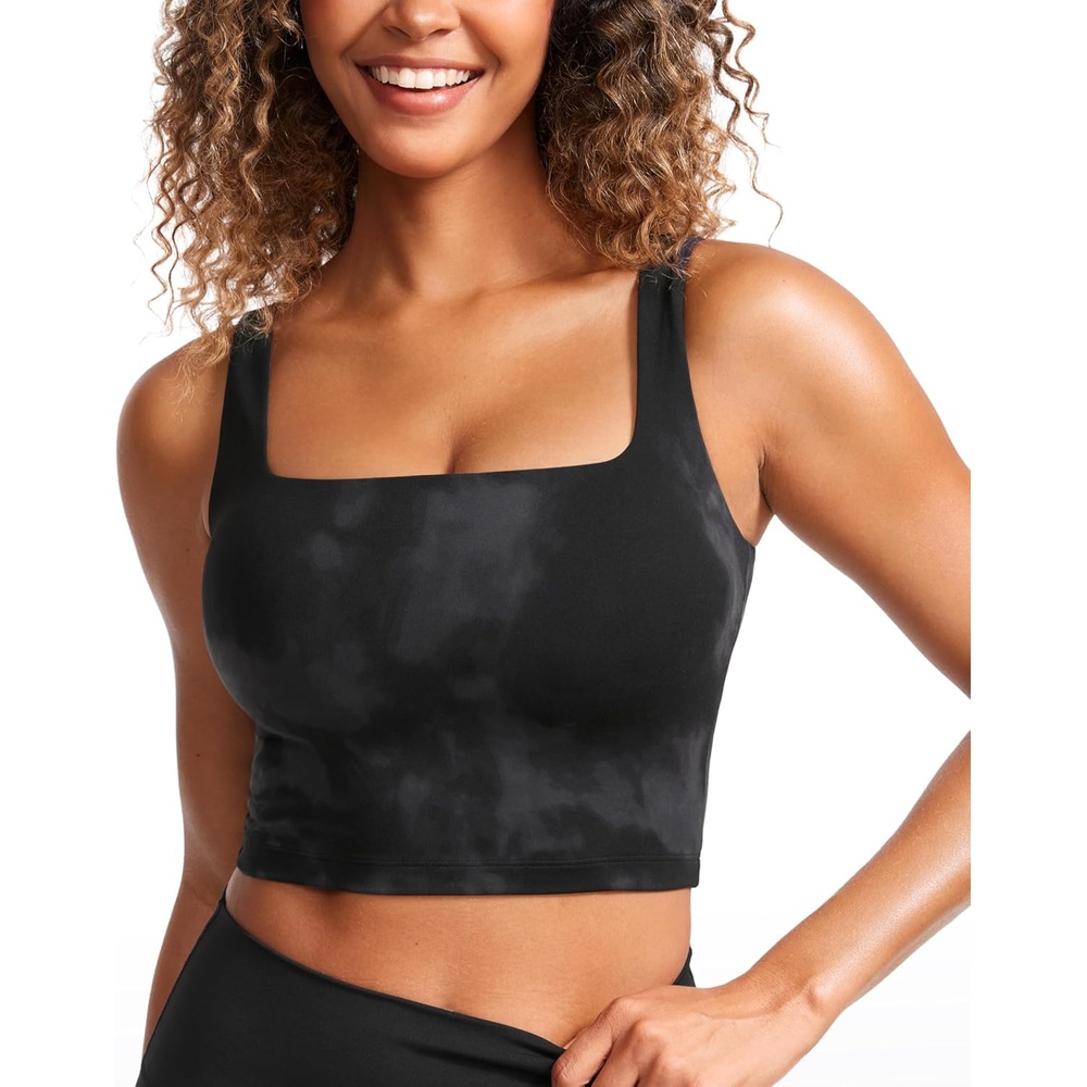 image:imageCRZ YOGA Butterluxe Square Neck Crop Tank Tops for Women  Workout Longline Sports Bras Padded Yoga CamisoleBlack Tie Dye Flowers
