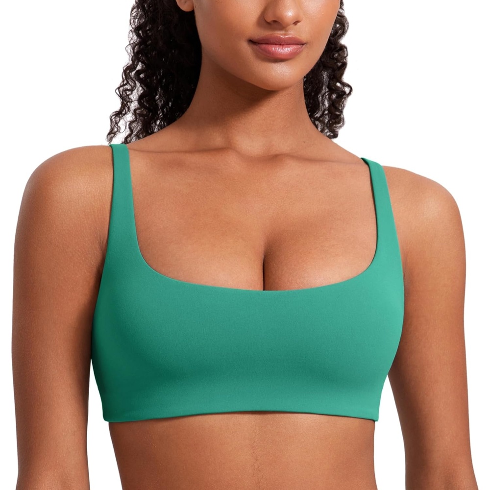 image:imageCRZ YOGA Butterluxe Square Neck Spaghetti Strap Sports Bras for Women Low Coverage Yoga Wireless Padded Cami Crop TopCascadia Green