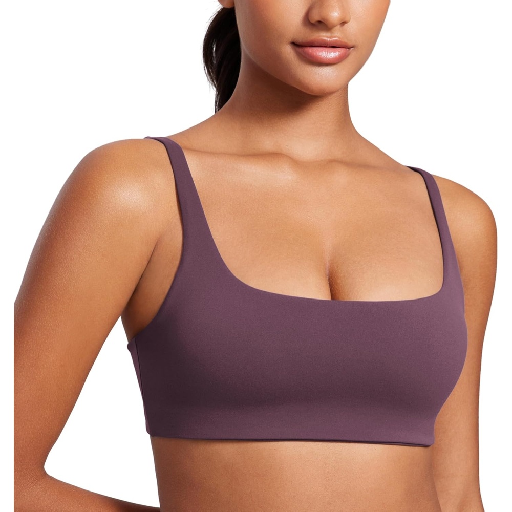 image:imageCRZ YOGA Butterluxe Square Neck Spaghetti Strap Sports Bras for Women Low Coverage Yoga Wireless Padded Cami Crop TopGrape Thistle Purple