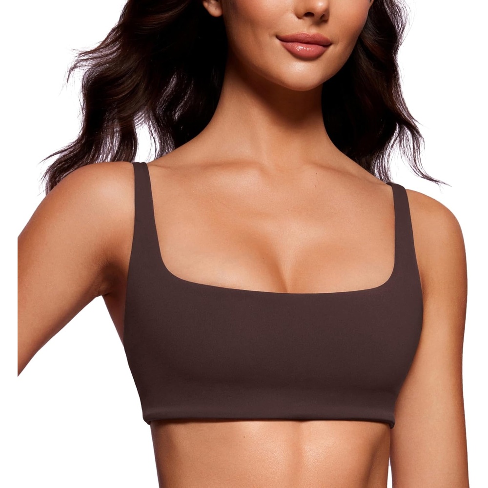 image:imageCRZ YOGA Butterluxe Square Neck Spaghetti Strap Sports Bras for Women Low Coverage Yoga Wireless Padded Cami Crop TopHot Fudge Brown