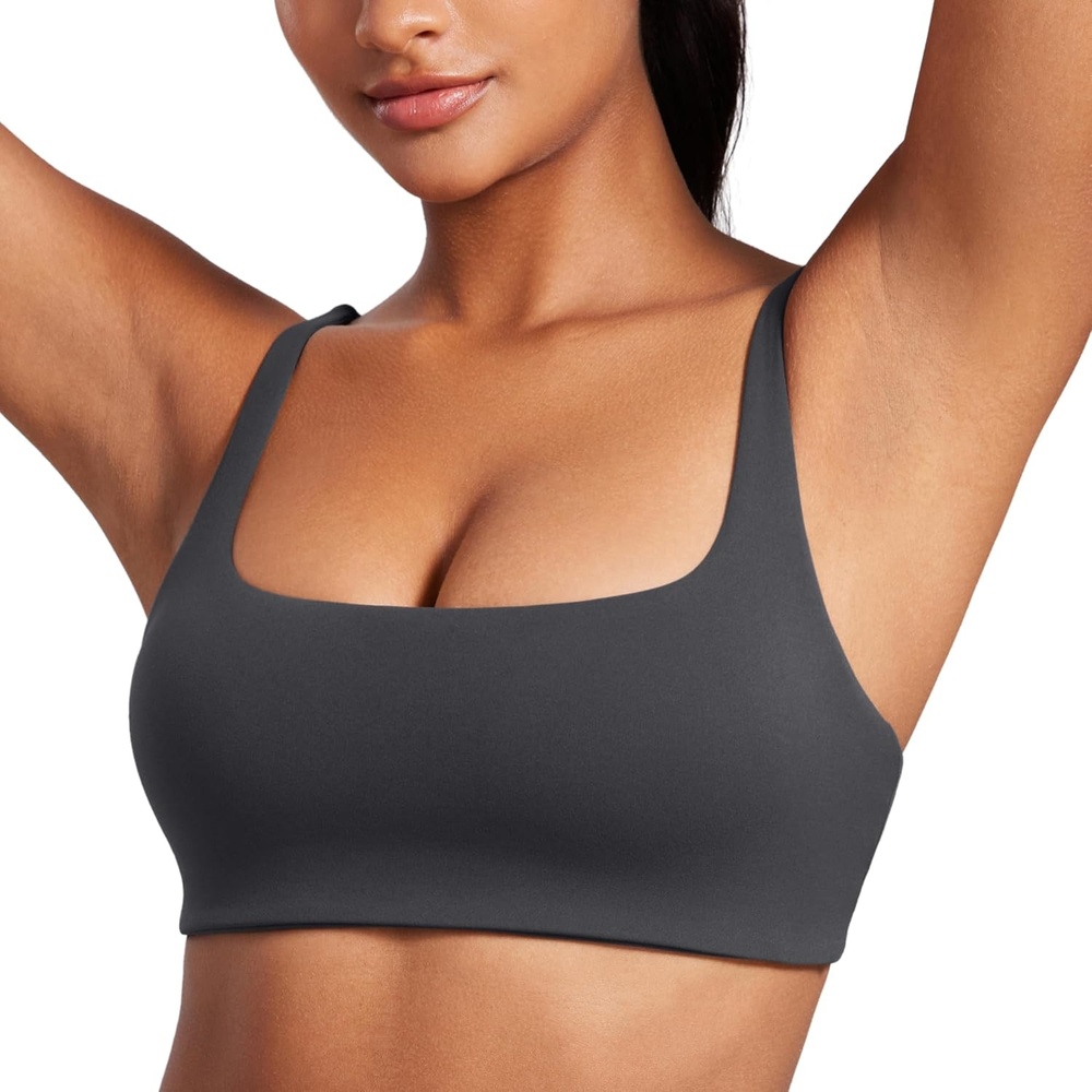 image:imageCRZ YOGA Butterluxe Square Neck Spaghetti Strap Sports Bras for Women Low Coverage Yoga Wireless Padded Cami Crop TopMysterious Grey
