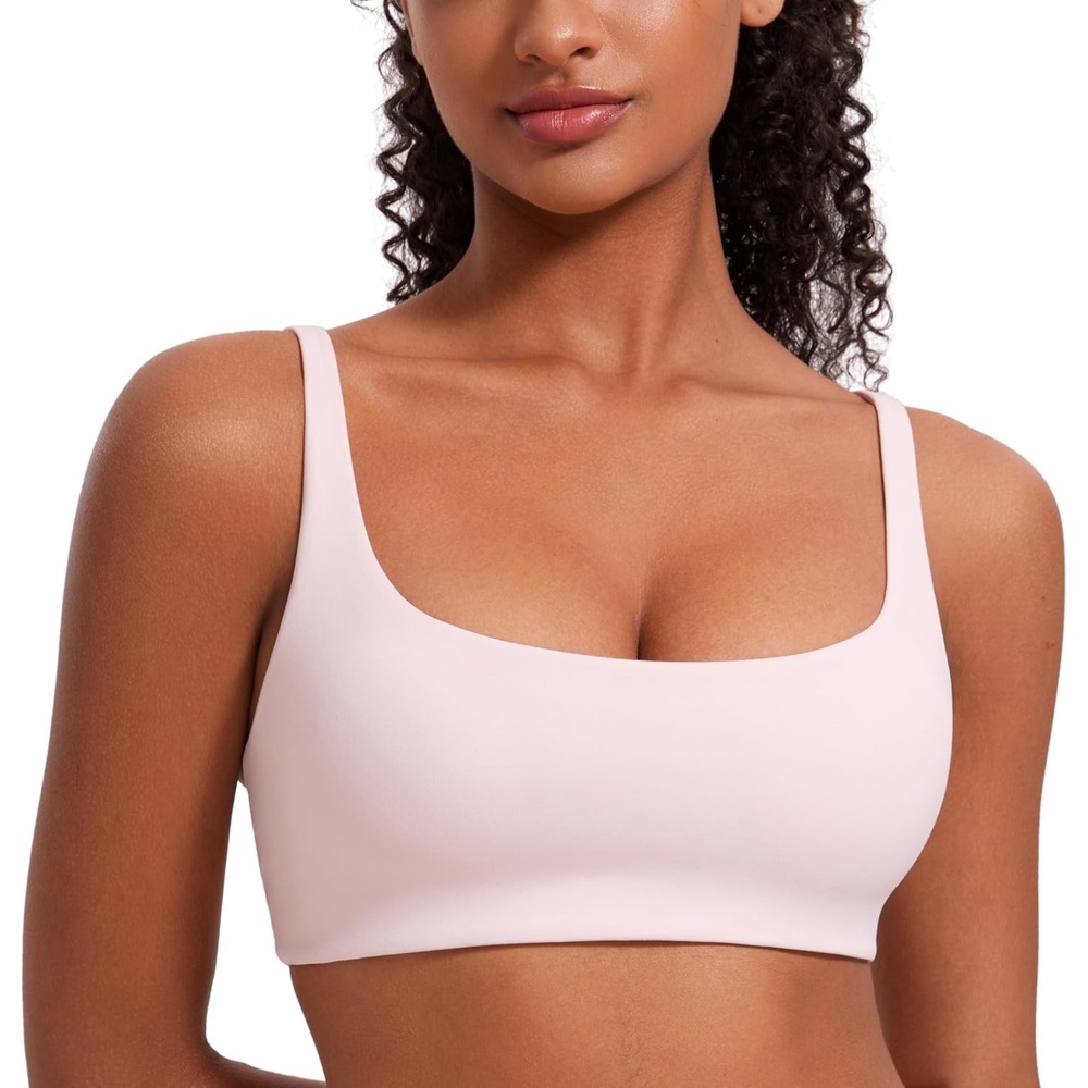 image:imageCRZ YOGA Butterluxe Square Neck Spaghetti Strap Sports Bras for Women  Low Coverage Yoga Wireless Padded Cami Crop TopStrawberry Pink