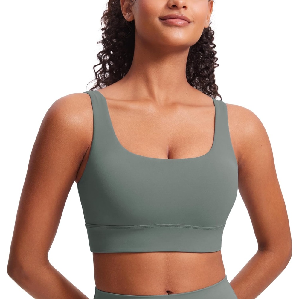image:imageCRZ YOGA Butterluxe U Back Longline Sports Bras for Women  Scoop Neck Padded Yoga Workout Crop Top with Built in PadsGrey Sage