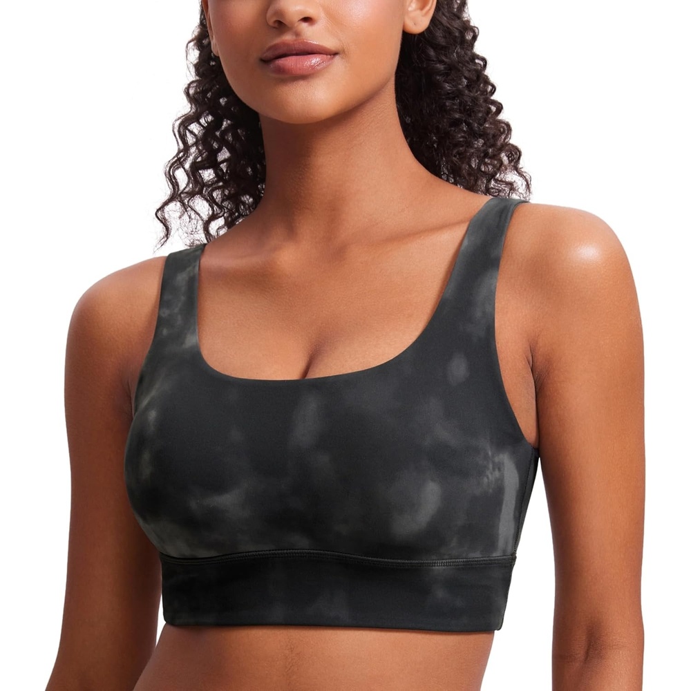 image:imageCRZ YOGA Butterluxe U Back Longline Sports Bras for Women Scoop Neck Padded Yoga Workout Crop Top with Built in PadsGrey Tie Dye Flowers