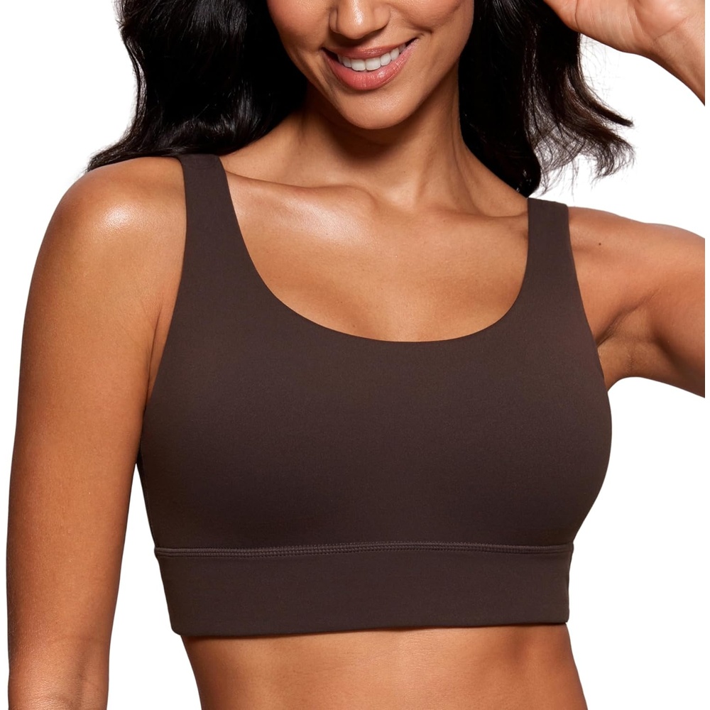 image:imageCRZ YOGA Butterluxe U Back Longline Sports Bras for Women Scoop Neck Padded Yoga Workout Crop Top with Built in PadsHot Fudge Brown