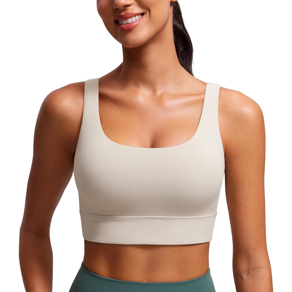 image:imageCRZ YOGA Butterluxe U Back Longline Sports Bras for Women Scoop Neck Padded Yoga Workout Crop Top with Built in PadsMojave Tan