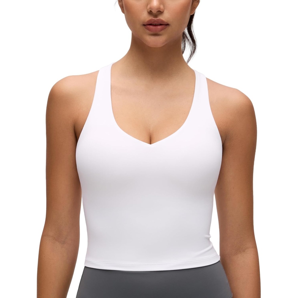 image:imageCRZ YOGA Butterluxe V Neck Racerback Crop Tank Tops for Women  Wireless Padded Yoga Longline Sports BraWhite