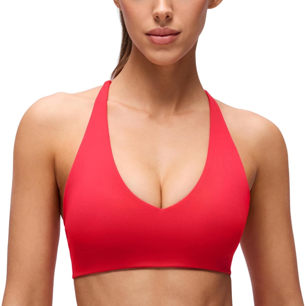 image:imageCRZ YOGA Butterluxe V Neck Twist Cross Back Sports Bras for Women Adjustable Spaghetti Straps Padded Crop Yoga TopAurora Red
