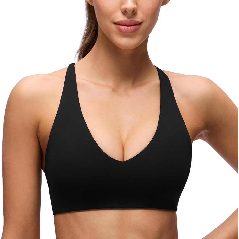 image:imageCRZ YOGA Butterluxe V Neck Twist Cross Back Sports Bras for Women Adjustable Spaghetti Straps Padded Crop Yoga TopBlack