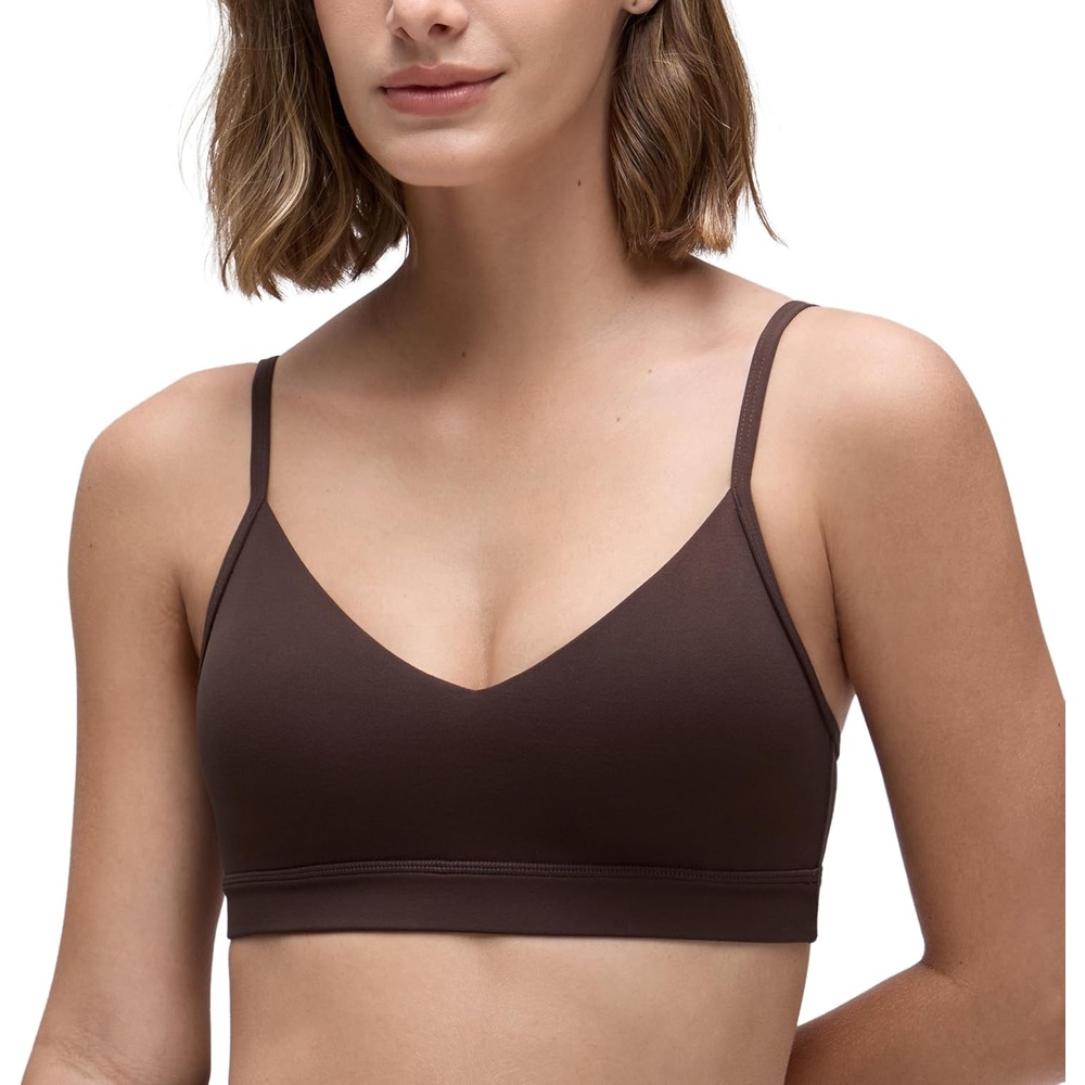 image:imageCRZ YOGA Butterluxe VNeck Sports Bras for Women Adjustable Thin Straps Padded Yoga Top Basic Wireless CamisoleHot Fudge Brown