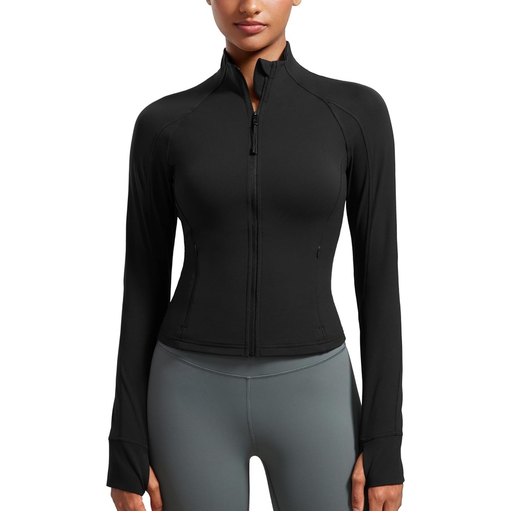 image:imageCRZ YOGA Butterluxe Waist Length Jackets for Women  Full Zip Athletic Track Tops with Thumb Holes PocketsBlack