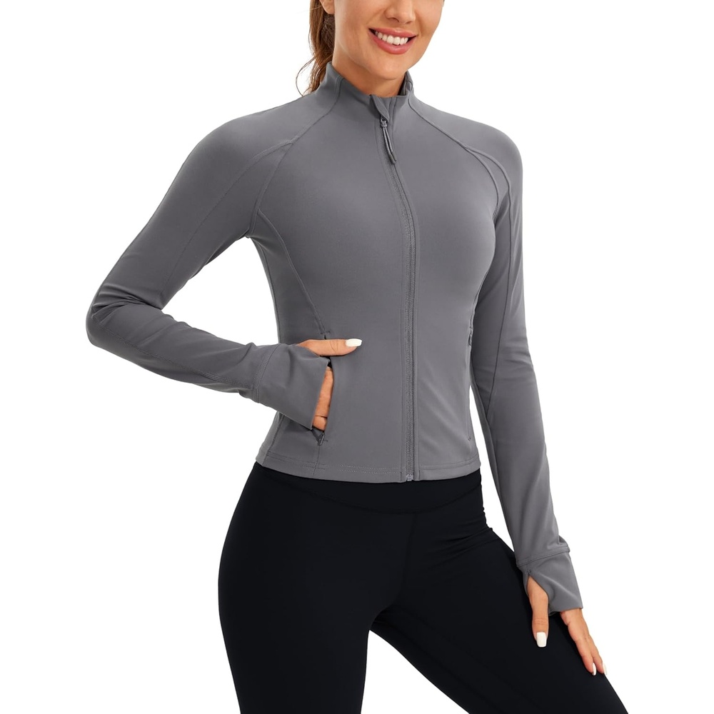 image:imageCRZ YOGA Butterluxe Waist Length Jackets for Women  Full Zip Athletic Track Tops with Thumb Holes PocketsDark Carbon