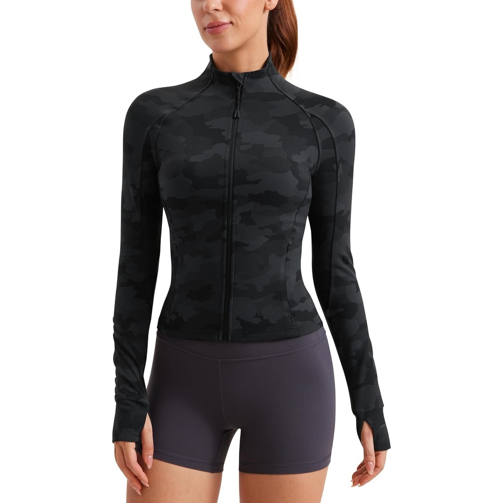 image:imageCRZ YOGA Butterluxe Waist Length Jackets for Women  Full Zip Athletic Track Tops with Thumb Holes PocketsDark Grey Camouflage 2