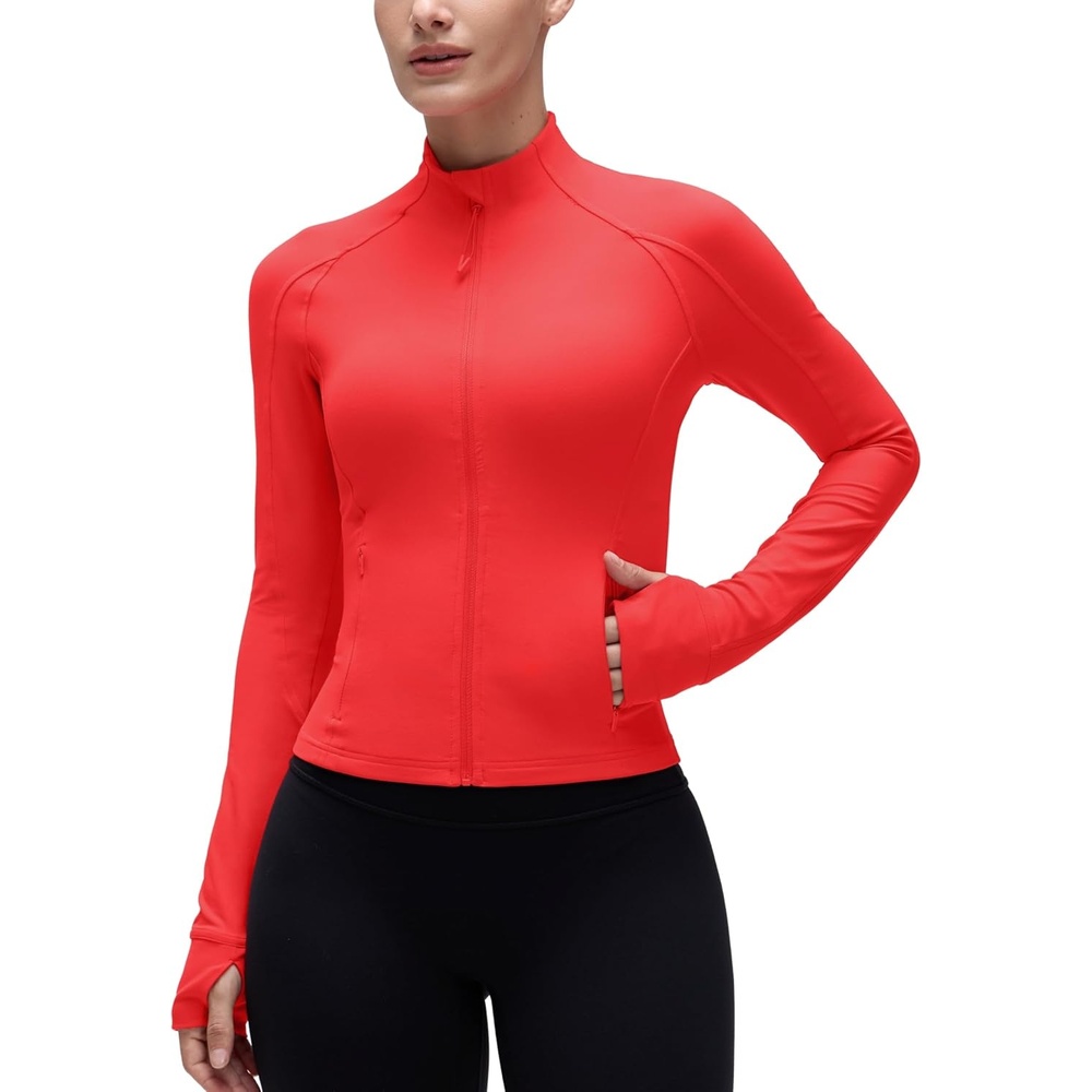 image:imageCRZ YOGA Butterluxe Waist Length Jackets for Women  Full Zip Athletic Track Tops with Thumb Holes PocketsDeep Red