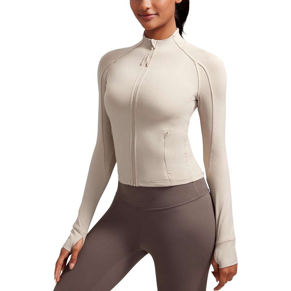 image:imageCRZ YOGA Butterluxe Waist Length Jackets for Women  Full Zip Athletic Track Tops with Thumb Holes PocketsMojave Tan