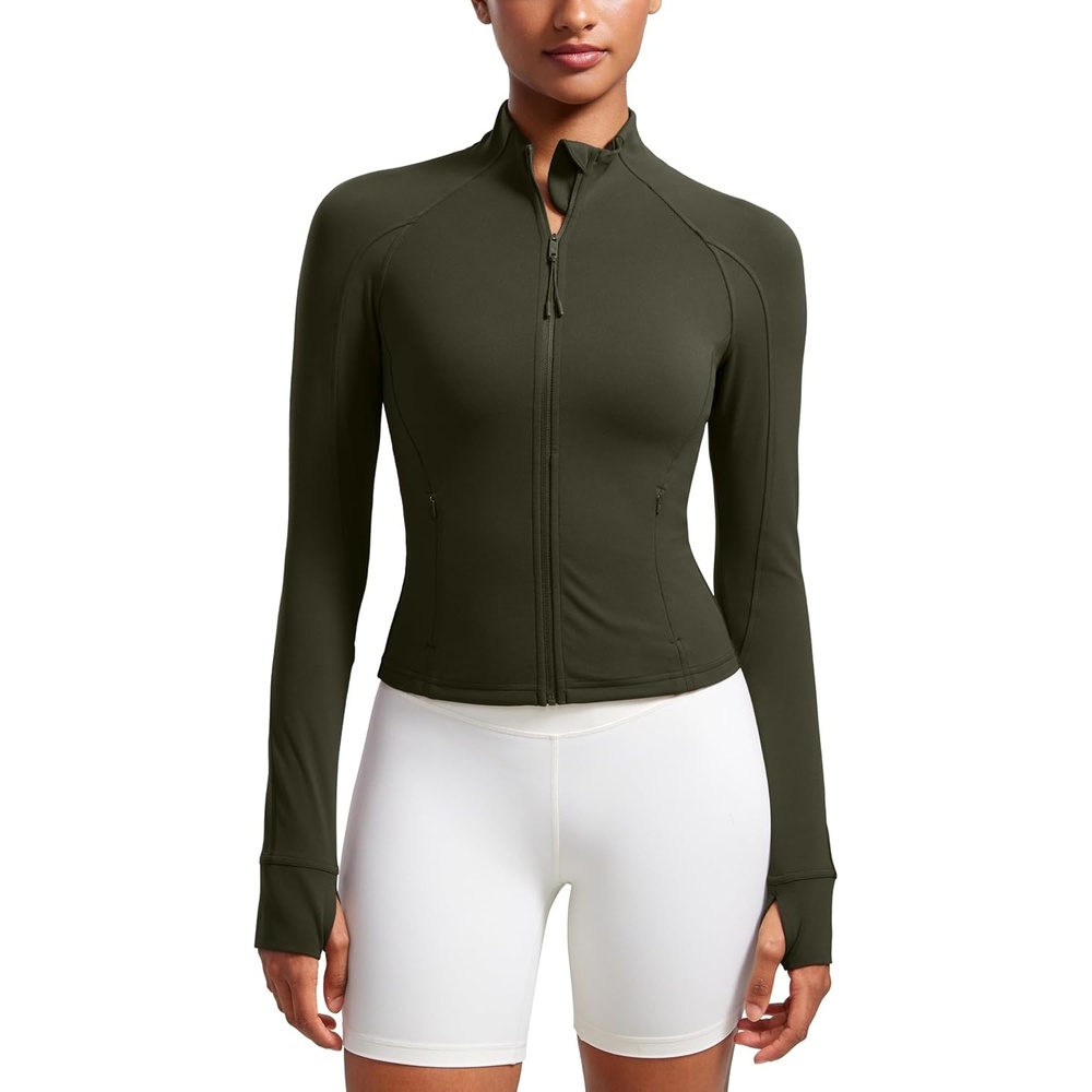 image:imageCRZ YOGA Butterluxe Waist Length Jackets for Women  Full Zip Athletic Track Tops with Thumb Holes PocketsOlive Green