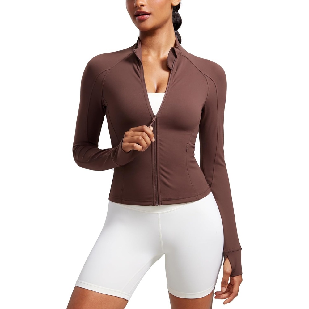 image:imageCRZ YOGA Butterluxe Waist Length Jackets for Women Full Zip Athletic Track Tops with Thumb Holes PocketsTaupe