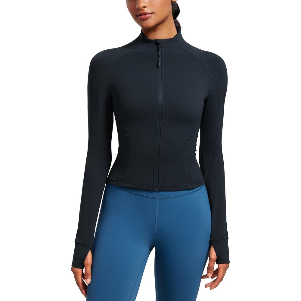 image:imageCRZ YOGA Butterluxe Waist Length Jackets for Women Full Zip Athletic Track Tops with Thumb Holes PocketsTrue Navy
