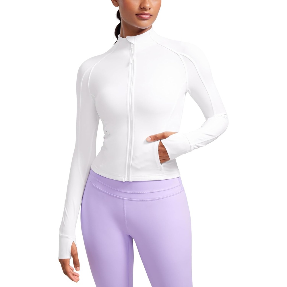 image:imageCRZ YOGA Butterluxe Waist Length Jackets for Women  Full Zip Athletic Track Tops with Thumb Holes PocketsWhite