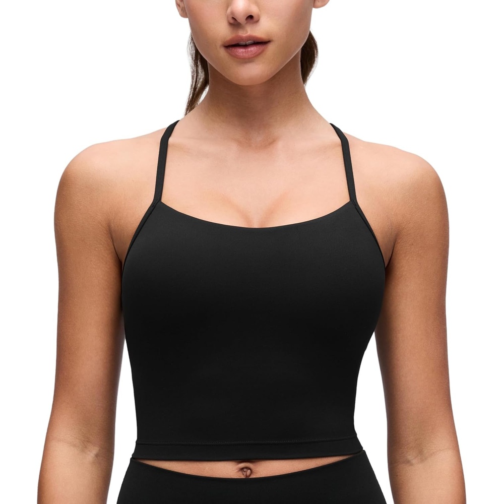image:imageCRZ YOGA Butterluxe Y Back Crop Tank Tops for Women  Spaghetti Straps Racerback Padded Yoga Workout Longline Sports BrasBlack