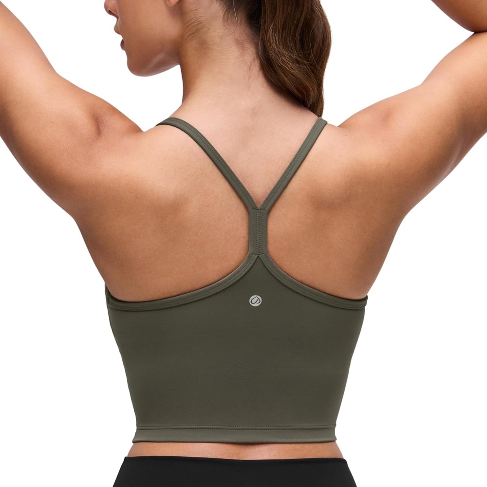 image:imageCRZ YOGA Butterluxe Y Back Crop Tank Tops for Women Spaghetti Straps Racerback Padded Yoga Workout Longline Sports BrasLight Army Green