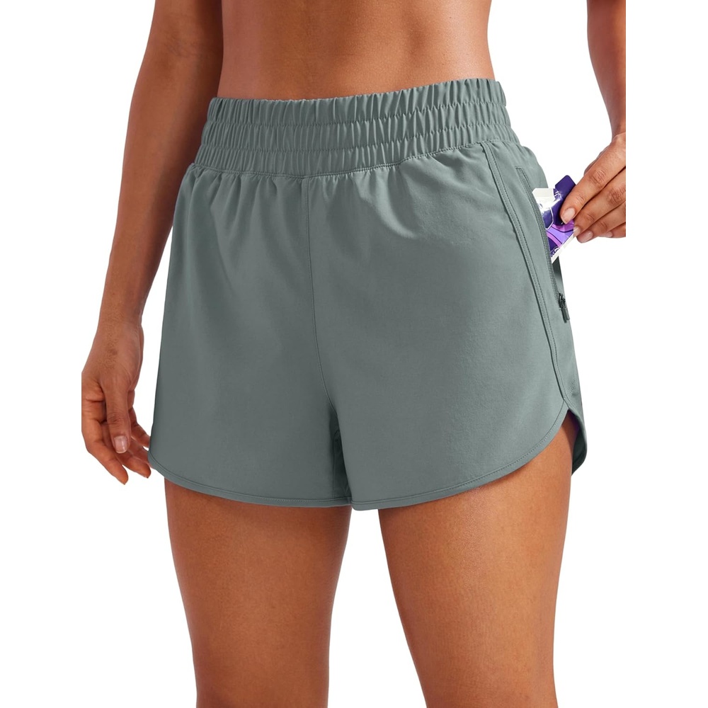 image:imageCRZ YOGA Dolphin Athletic Shorts for Women 3 High Waisted Quick Dry for Running Workout Gym Track with Zip PocketGrey Sage