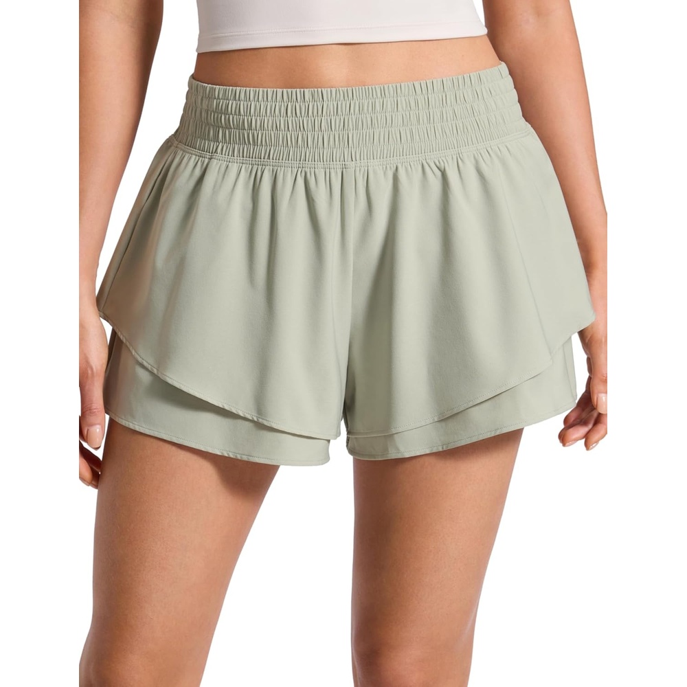 image:imageCRZ YOGA Drapey Double Ruffles Athletic Shorts for Women 25 High Waisted Flowy Tennis Workout Running Tiered SkortsFog Green