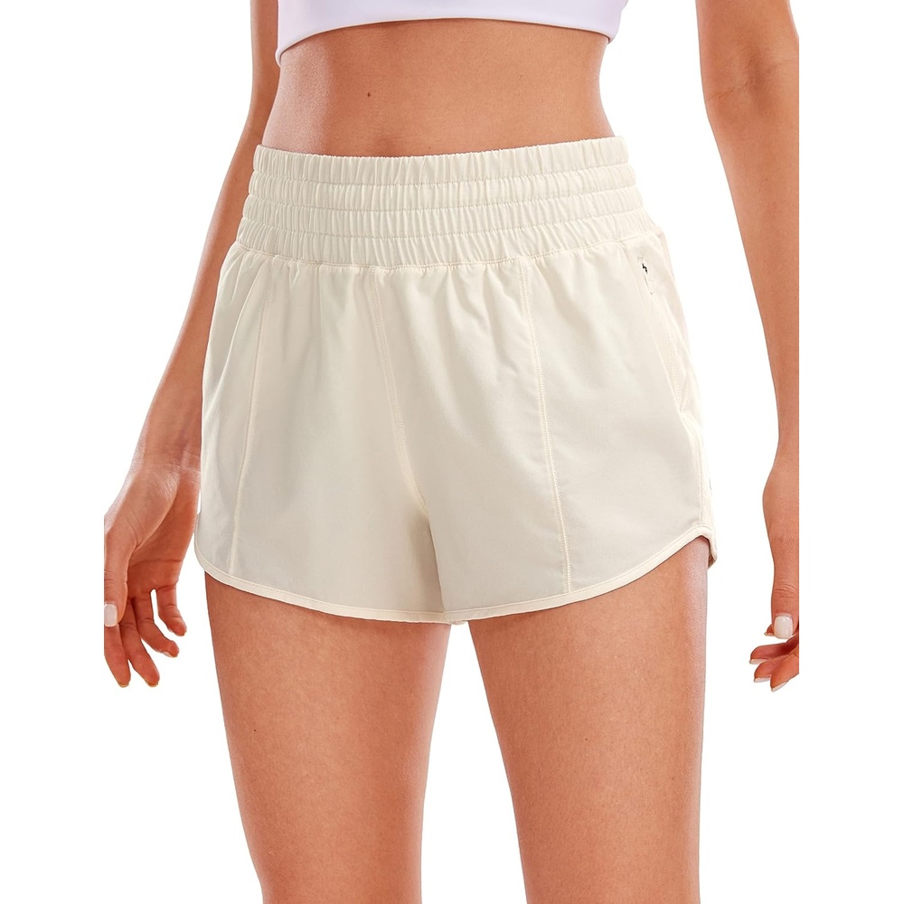 image:imageCRZ YOGA High Waisted Running Shorts for Women 25 Mesh Liner Quick Dry for Workout Sport Athletic with Zipper PocketWhite Apricot