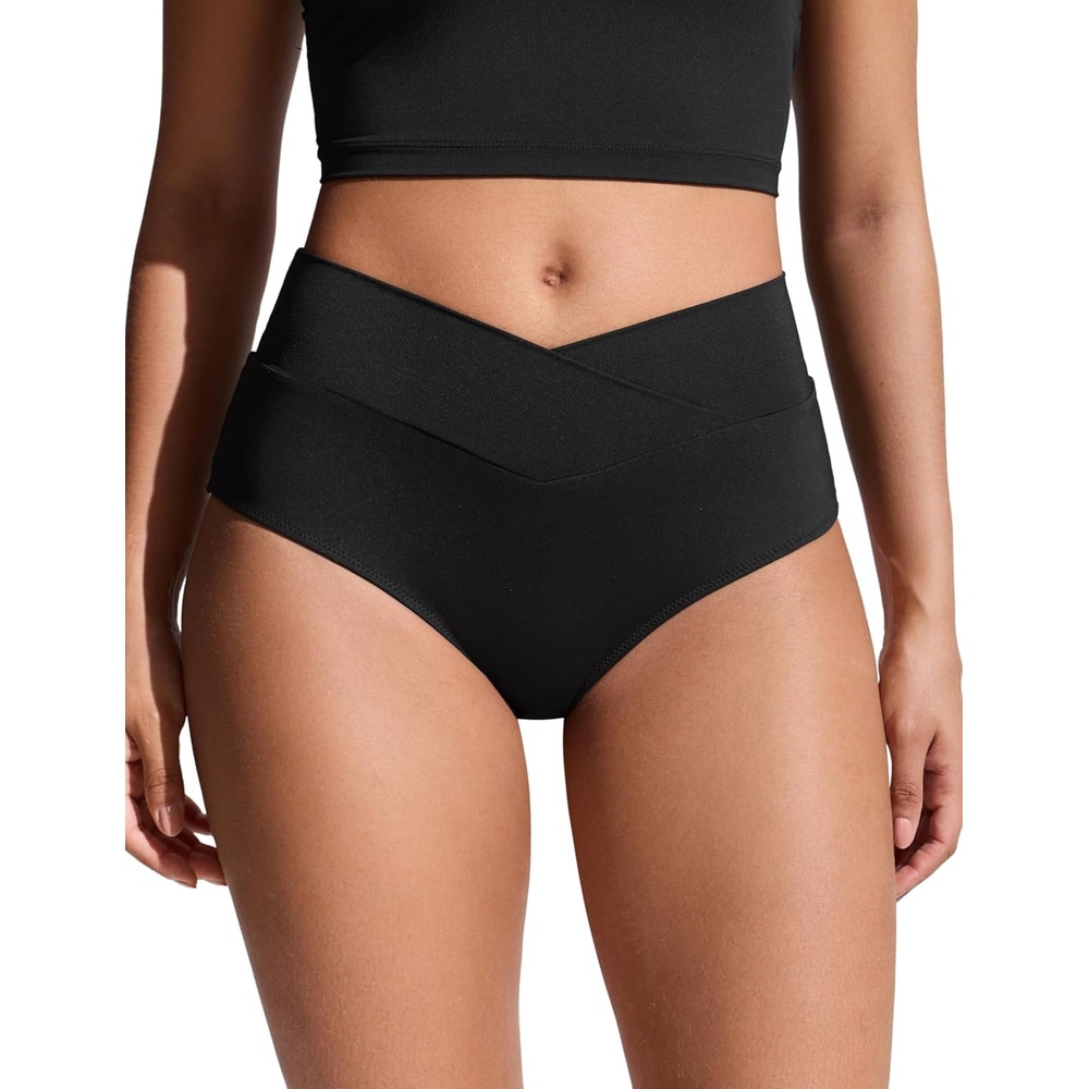 image:imageCRZ YOGA High Waisted V Cut Bikini Bottom for Women Cross Front Bathing Swimsuit Full Coverage Swim BriefsBlack