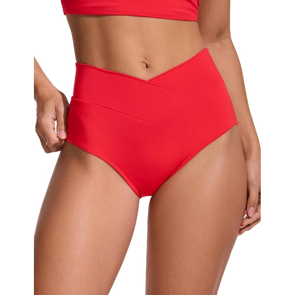 image:imageCRZ YOGA High Waisted V Cut Bikini Bottom for Women Cross Front Bathing Swimsuit Full Coverage Swim BriefsDeep Red