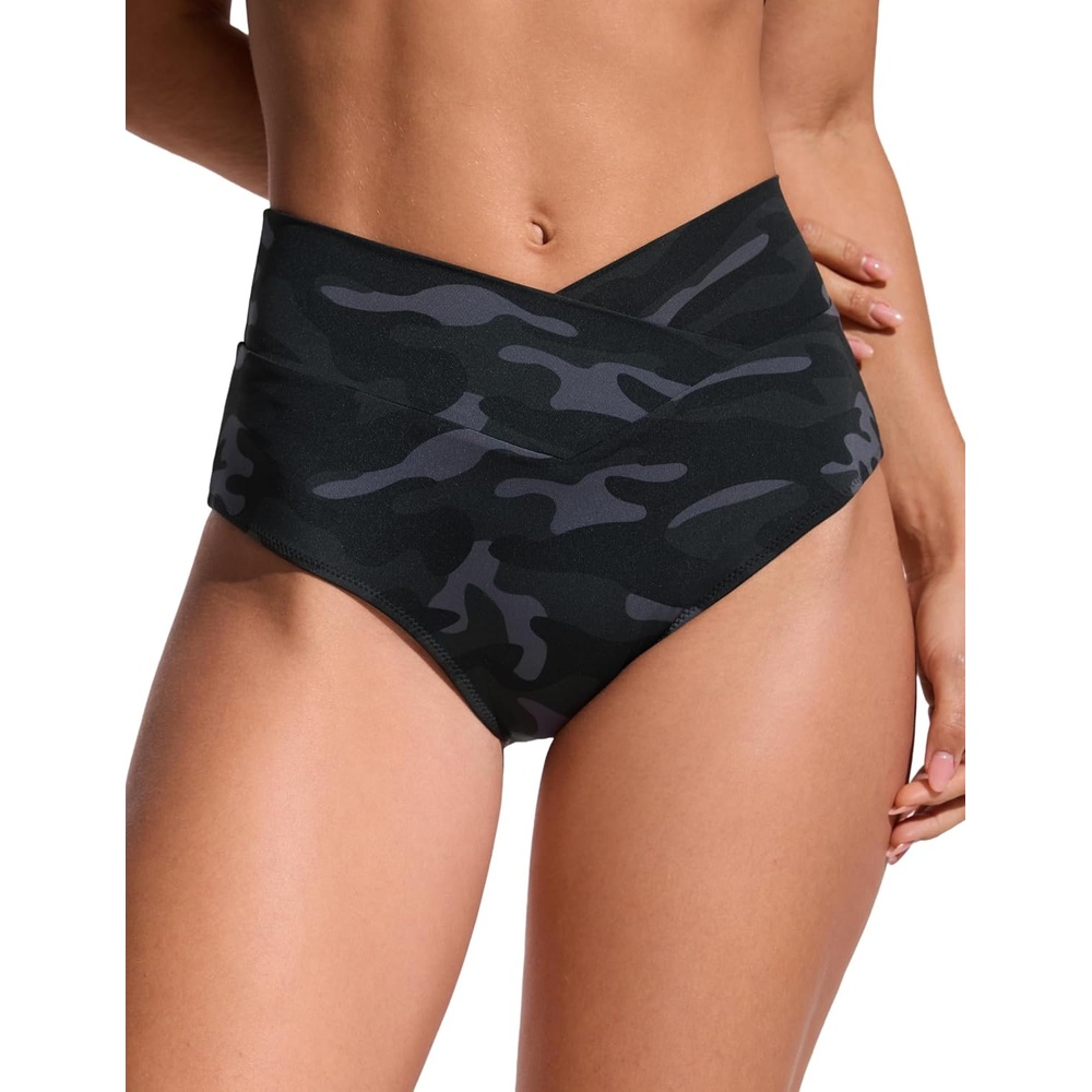 image:imageCRZ YOGA High Waisted V Cut Bikini Bottom for Women Cross Front Bathing Swimsuit Full Coverage Swim BriefsJungle Camouflage Gray