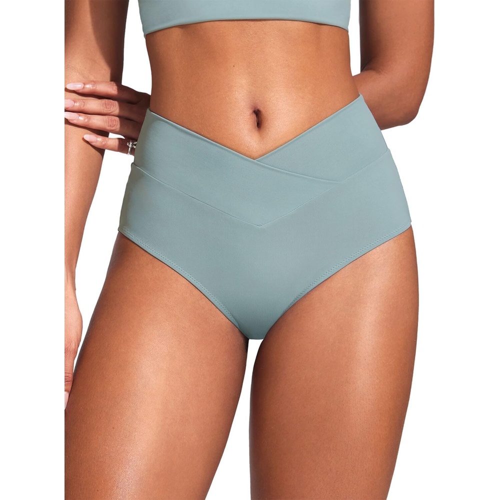 image:imageCRZ YOGA High Waisted V Cut Bikini Bottom for Women Cross Front Bathing Swimsuit Full Coverage Swim BriefsLight Grayish Blue